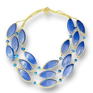 Three Strands Layered Blue Oval Shape Womens Necklace with Blue Crystal Spacer
